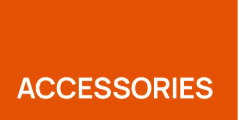 Texte blanc "ACCESSORIES" sur fond orange.