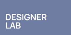 Texte blanc "DESIGNER LAB" sur fond bleu.